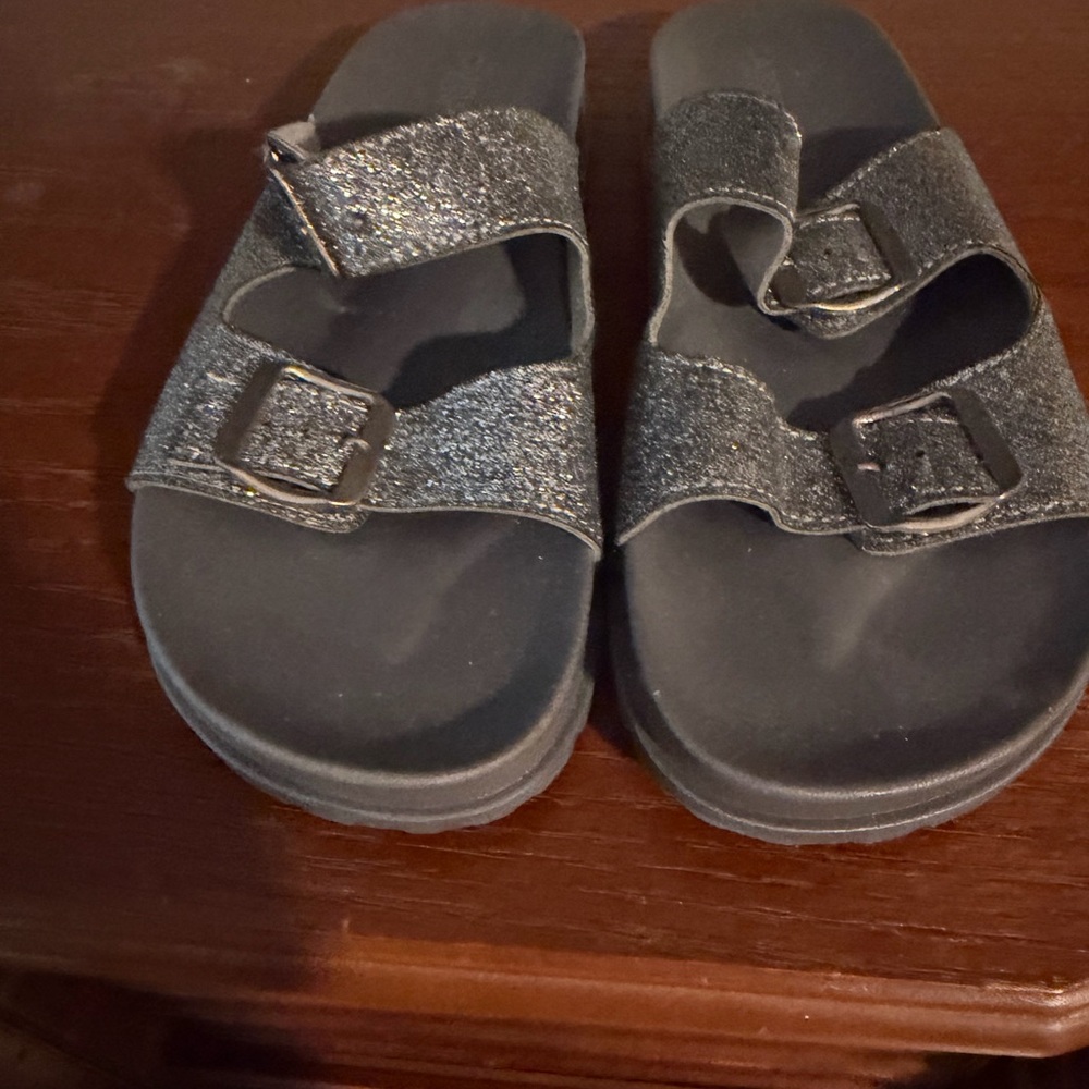 Capelli of New York Black Glitter Double-Buckle Slide Sandals